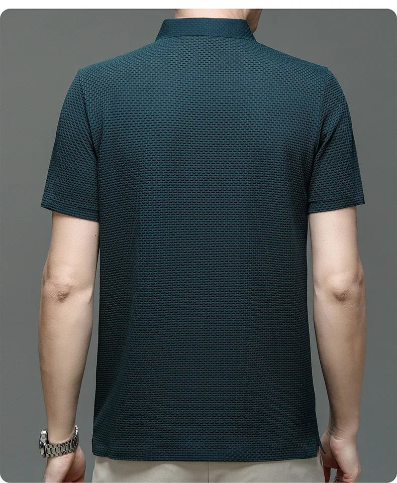Summer New Men's Lop-up Hollow Short-sleeved Polo Tee Shirt Ice Silk Breathable Business Fashion T-Shirt Male Brand Clothes