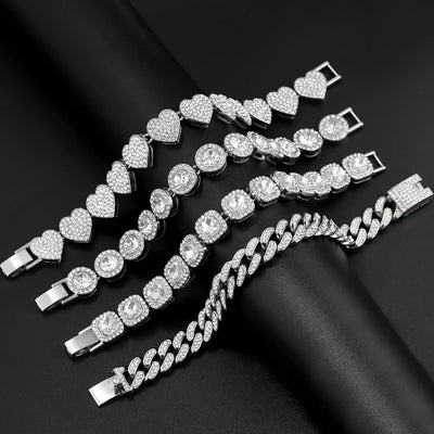 Iced Out Crystal Heart Tennis Chain Miami Cuban Link Chain Bracelet for Women Men Hiphop Chunky Chains Bracelets Jewelry