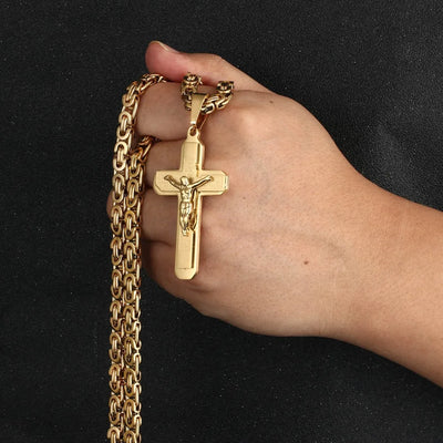 Jesus Bible Engraved Crucifix Cross Pendant Necklaces Trendy Byzantine Stainless Steel Men Chain Necklaces Fashion Jewelry NC01