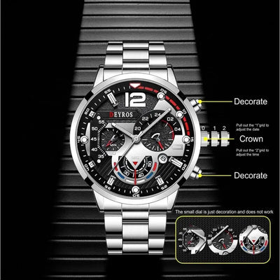2pcs Luxury Mens Silver Quartz Watch With Stainless Steel Bracelet Men Fashion Business Casual Watch Luminous Clock