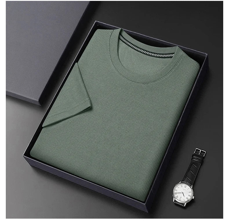 Men's New Summer Waffle round Neck Short Sleeve T-Shirt Comfortable Breathable Short-Sleeved Top for Casual Wear