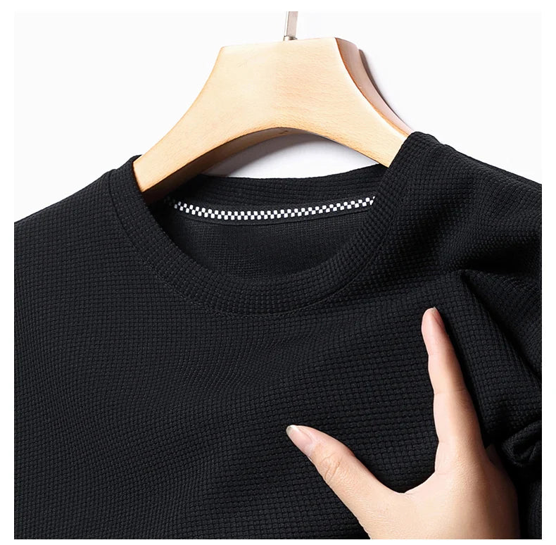 Men's New Summer Waffle round Neck Short Sleeve T-Shirt Comfortable Breathable Short-Sleeved Top for Casual Wear
