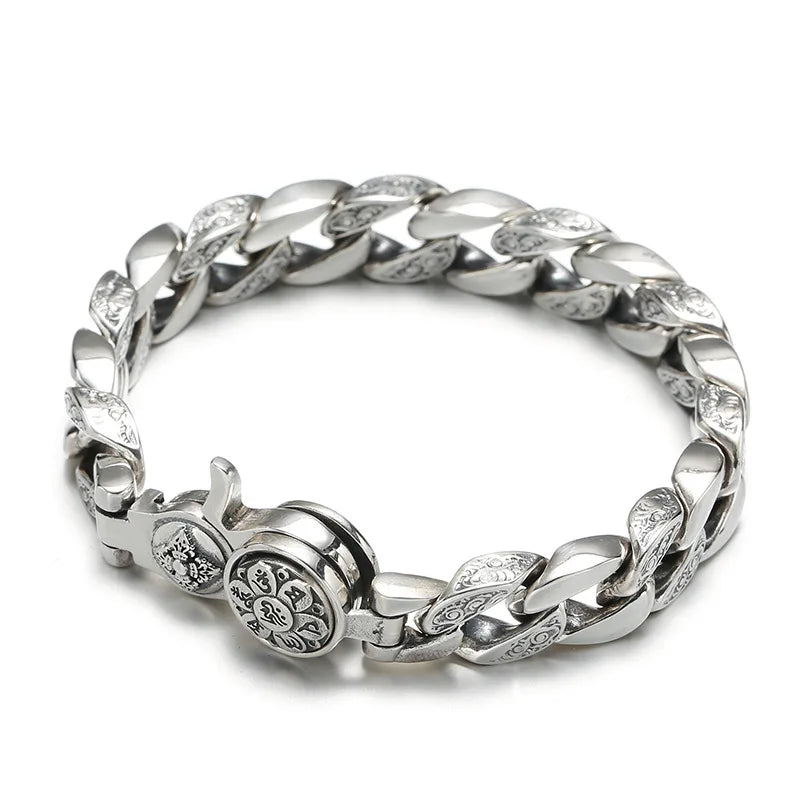 Buddhastone Silver Color Handmade Design Antique Bracelet Men Chain Six-character Mantra Fashion Trend Bracelets Jewelry