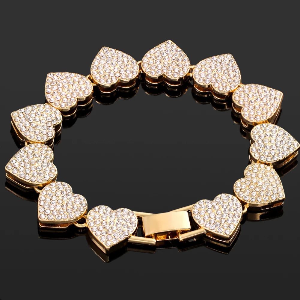 Iced Out Crystal Heart Tennis Chain Miami Cuban Link Chain Bracelet for Women Men Hiphop Chunky Chains Bracelets Jewelry