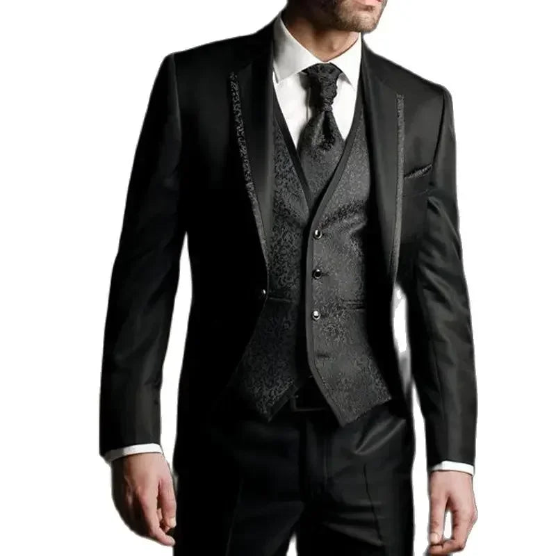 Formal Wedding Suits For Men Slim Fit 3 Pieces Groom Tuxedo Floral Jacket Vest With Pants Male Fashion