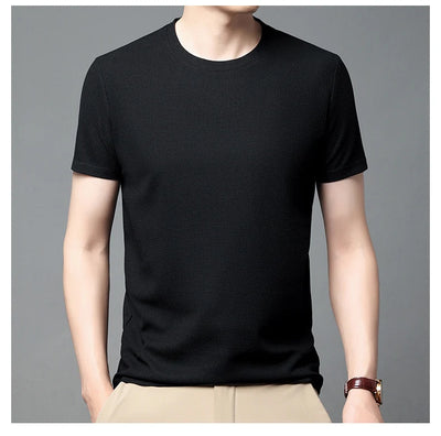 Men's New Summer Waffle round Neck Short Sleeve T-Shirt Comfortable Breathable Short-Sleeved Top for Casual Wear