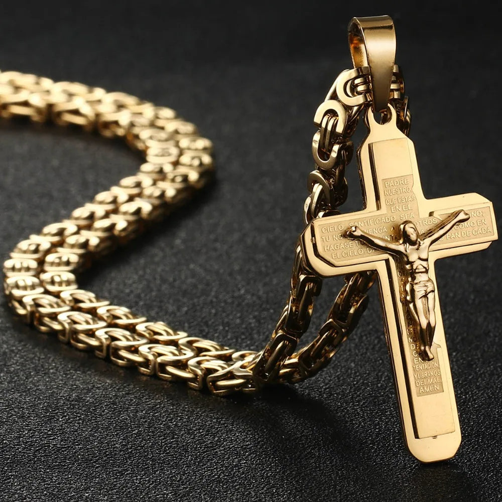 Jesus Bible Engraved Crucifix Cross Pendant Necklaces Trendy Byzantine Stainless Steel Men Chain Necklaces Fashion Jewelry NC01