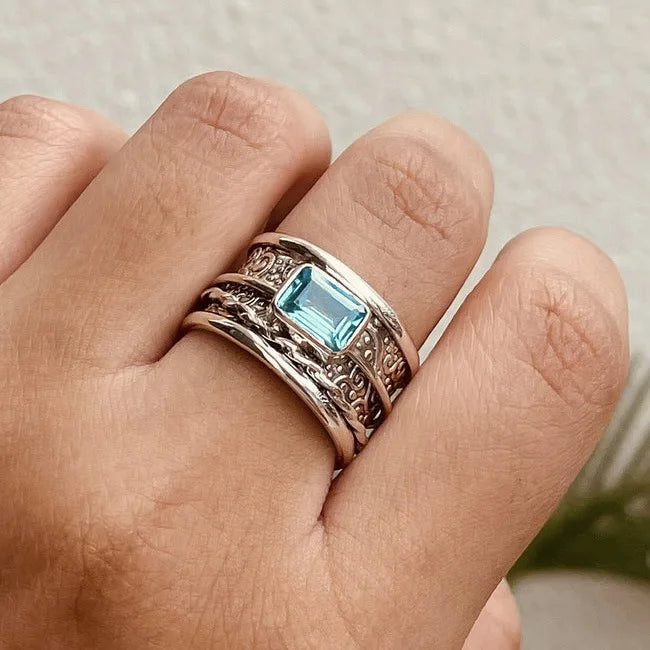 Classical Fashion Silver Color Men Rings Square Blue Stone Men Rings Jewelry Party Gift