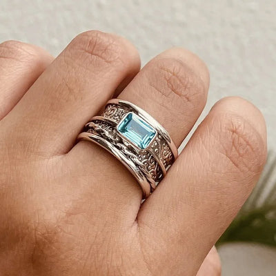 Classical Fashion Silver Color Men Rings Square Blue Stone Men Rings Jewelry Party Gift