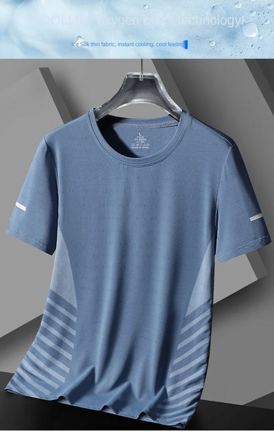 Running T-shirt Men Summer Ice Silk Thin Top Reflective Printing Quick Dry Short Sleeve Breathable Fitness Sports T-shirt 5XL