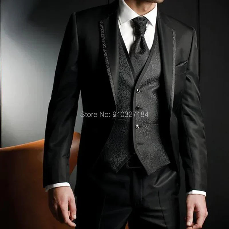 Formal Wedding Suits For Men Slim Fit 3 Pieces Groom Tuxedo Floral Jacket Vest With Pants Male Fashion