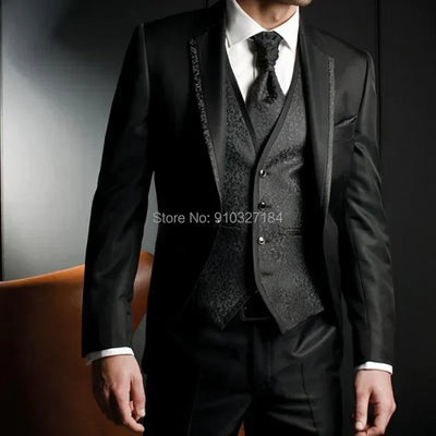 Formal Wedding Suits For Men Slim Fit 3 Pieces Groom Tuxedo Floral Jacket Vest With Pants Male Fashion