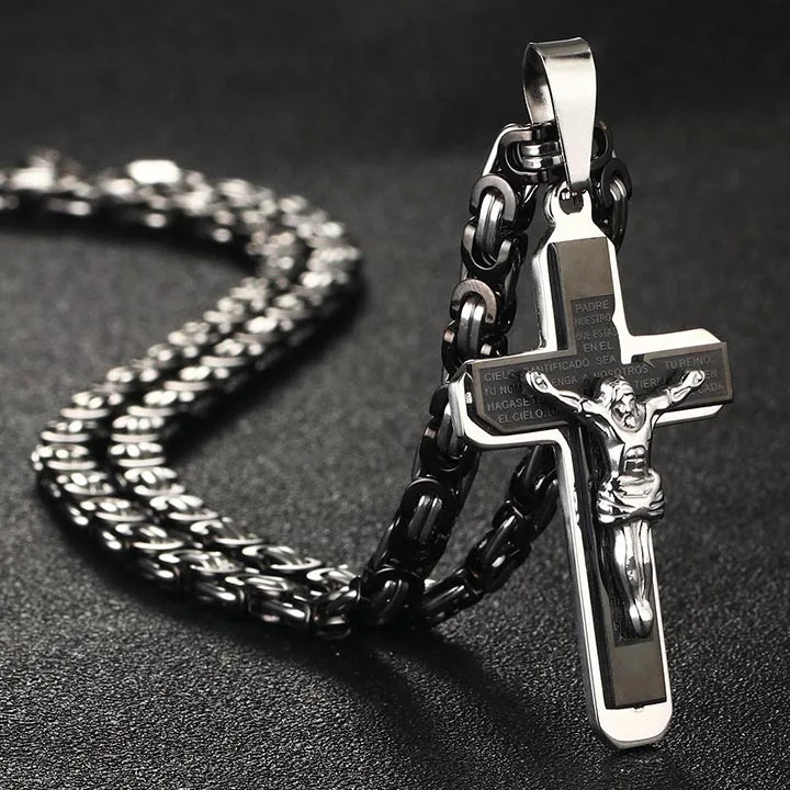 Jesus Bible Engraved Crucifix Cross Pendant Necklaces Trendy Byzantine Stainless Steel Men Chain Necklaces Fashion Jewelry NC01
