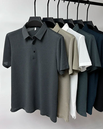 Summer New Men's Lop-up Hollow Short-sleeved Polo Tee Shirt Ice Silk Breathable Business Fashion T-Shirt Male Brand Clothes