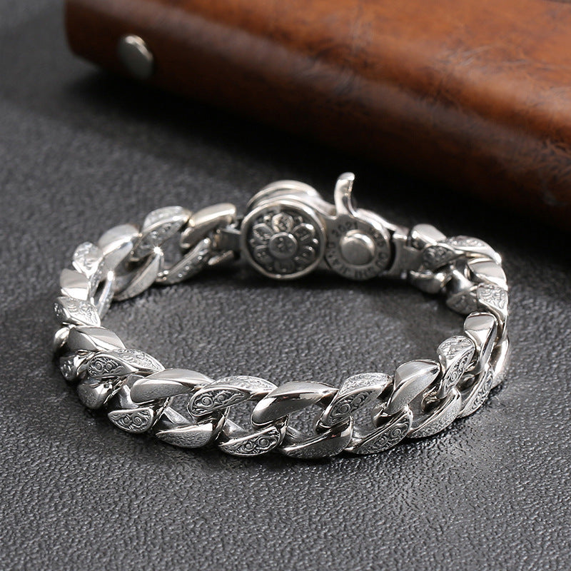 Buddhastone Silver Color Handmade Design Antique Bracelet Men Chain Six-character Mantra Fashion Trend Bracelets Jewelry