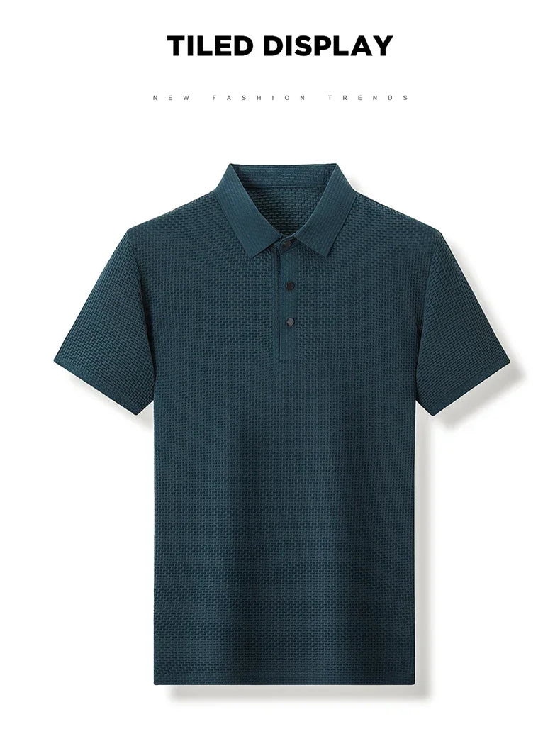 Summer New Men's Lop-up Hollow Short-sleeved Polo Tee Shirt Ice Silk Breathable Business Fashion T-Shirt Male Brand Clothes