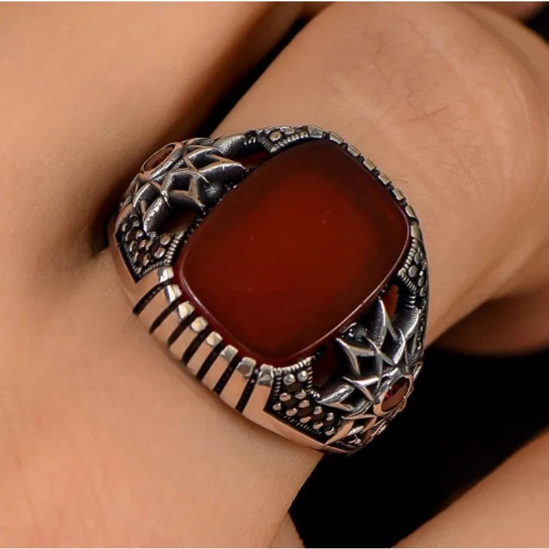 Delicate Men Rings Silver Color Square Red Stone Rings Party Accessories Gift