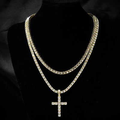 Hip Hop Iced Out Cross Pendant Necklace Strap 4mm Zircon Tennis Chain Men Women Sparkling Necklace Punk Jewelry Fashion Gift