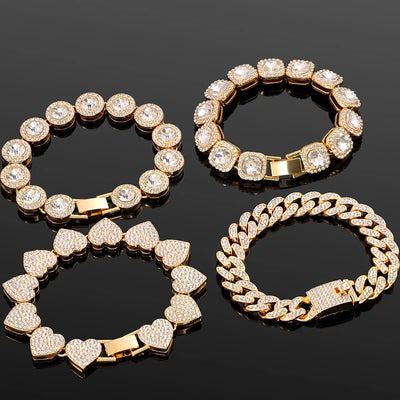 Iced Out Crystal Heart Tennis Chain Miami Cuban Link Chain Bracelet for Women Men Hiphop Chunky Chains Bracelets Jewelry