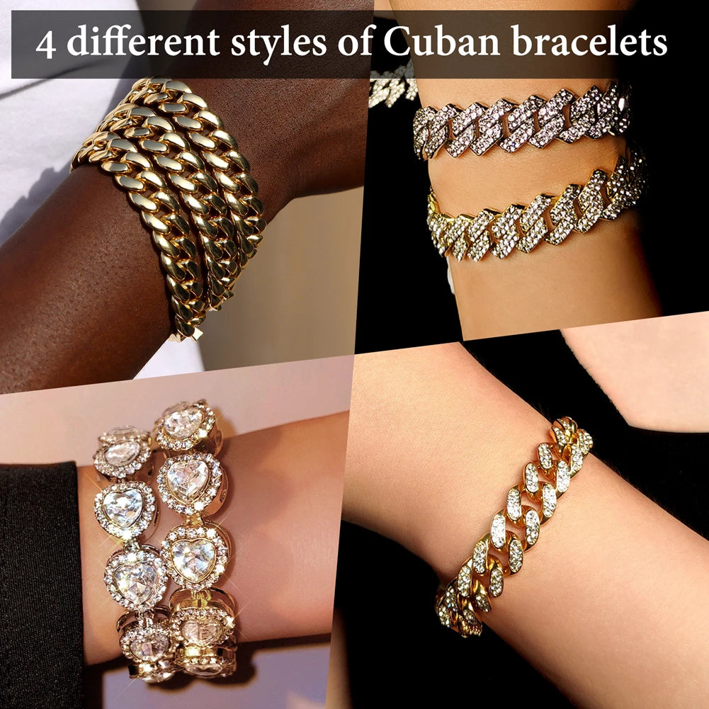 Iced Out Crystal Heart Tennis Chain Miami Cuban Link Chain Bracelet for Women Men Hiphop Chunky Chains Bracelets Jewelry