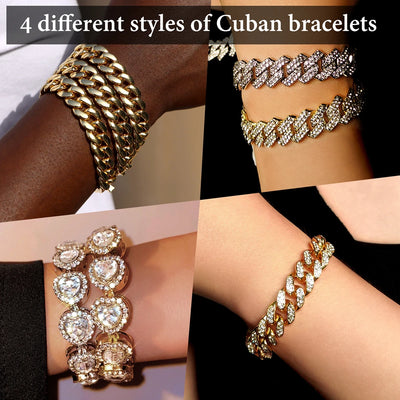 Iced Out Crystal Heart Tennis Chain Miami Cuban Link Chain Bracelet for Women Men Hiphop Chunky Chains Bracelets Jewelry