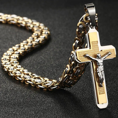 Jesus Bible Engraved Crucifix Cross Pendant Necklaces Trendy Byzantine Stainless Steel Men Chain Necklaces Fashion Jewelry NC01