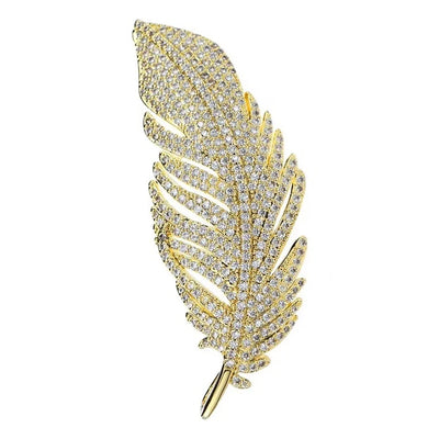 Elegant Silver Color Full of Rhinestone Feather Brooches for Women Men Unisex Luxury Crystal Lapel Safety Pins Party Jewelry