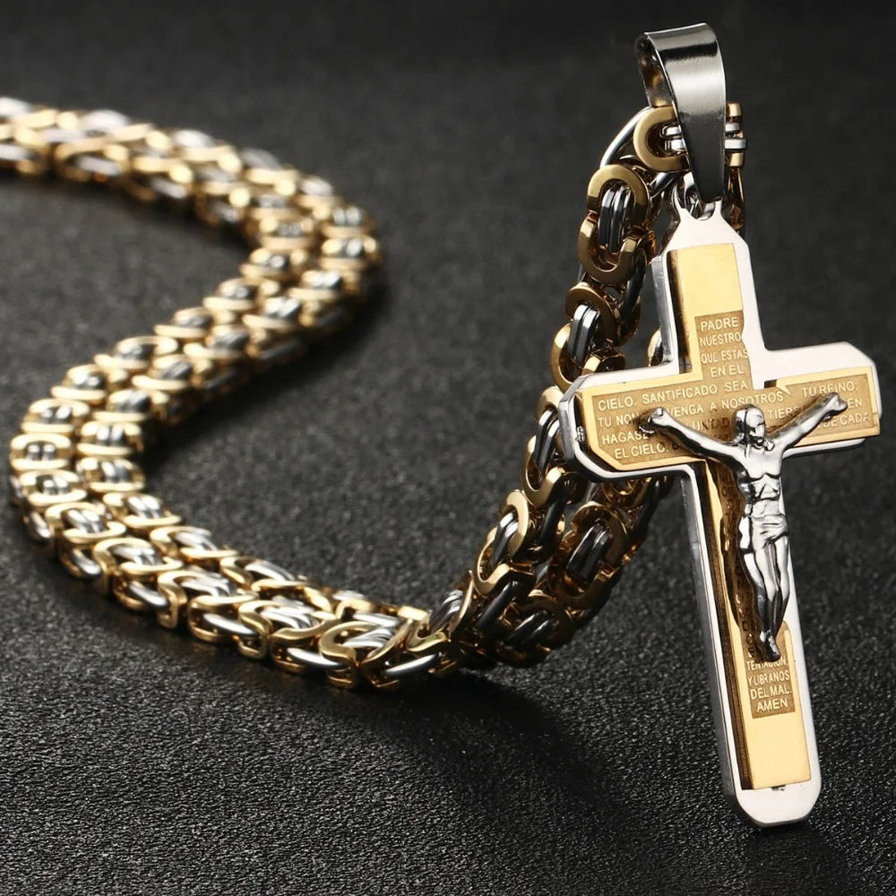 Jesus Bible Engraved Crucifix Cross Pendant Necklaces Trendy Byzantine Stainless Steel Men Chain Necklaces Fashion Jewelry NC01