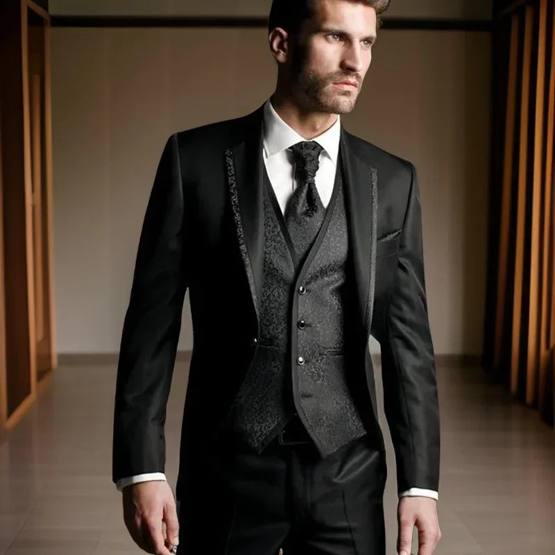 Formal Wedding Suits For Men Slim Fit 3 Pieces Groom Tuxedo Floral Jacket Vest With Pants Male Fashion
