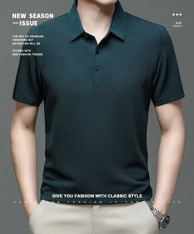 Summer New Men's Lop-up Hollow Short-sleeved Polo Tee Shirt Ice Silk Breathable Business Fashion T-Shirt Male Brand Clothes