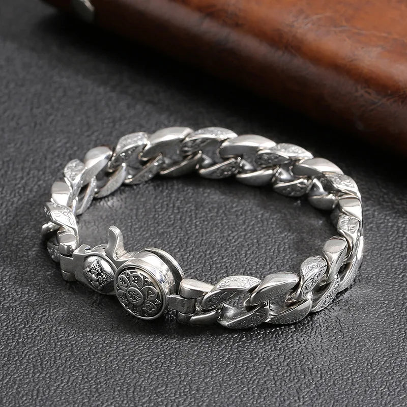 Buddhastone Silver Color Handmade Design Antique Bracelet Men Chain Six-character Mantra Fashion Trend Bracelets Jewelry